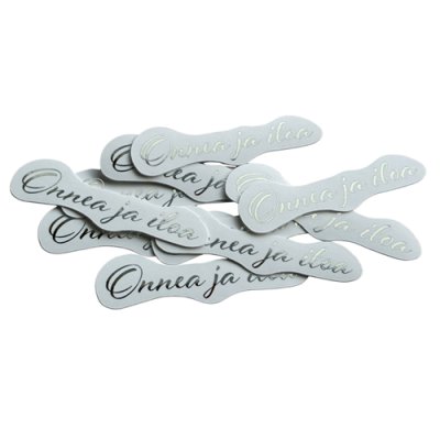 Kartonkitekstit 10 kpl, folioitu: Onnea ja iloa, hopea