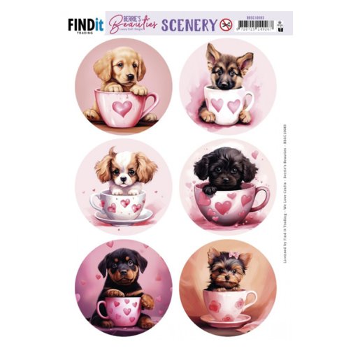 Kuva-arkki A4: Puppy in cup - koirat, pyöreä